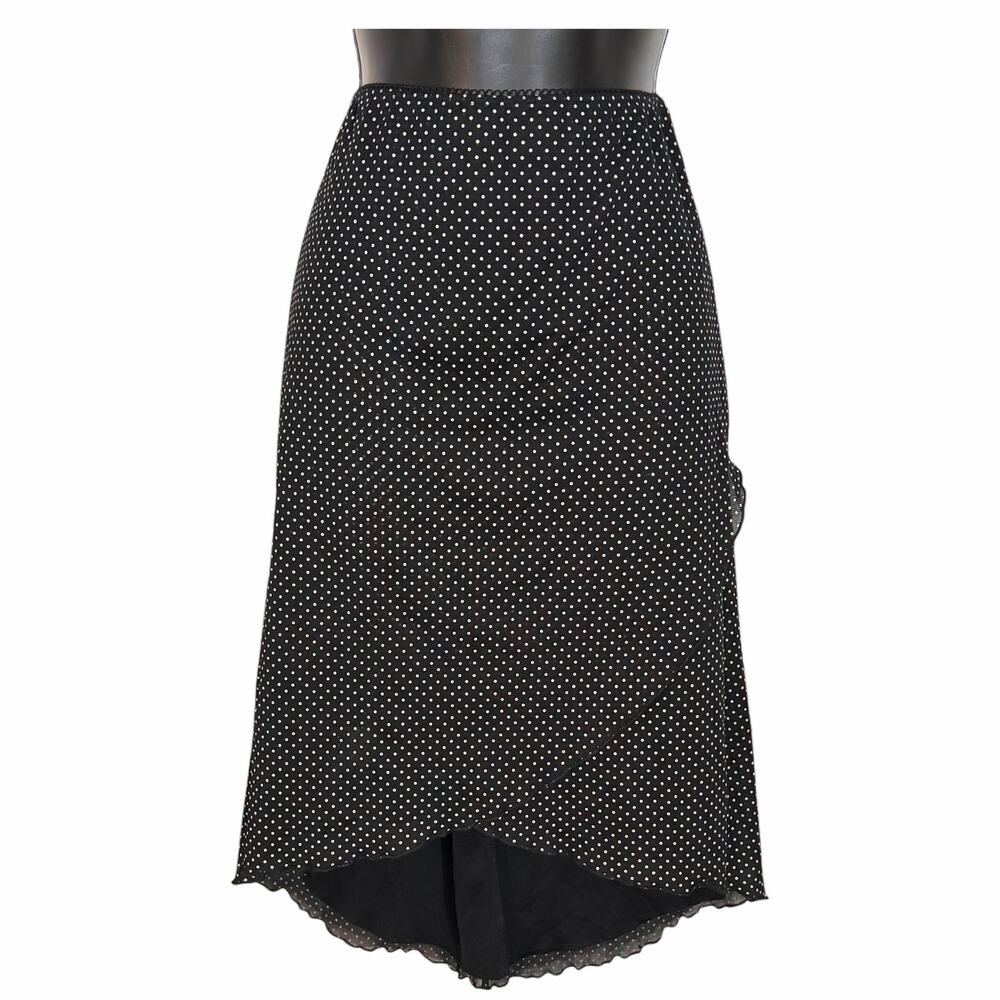 Vtg Trixxi Polka Dot Mesh Midi Skirt M Black High Low Ruffle Whimsigoth Y2K 90s